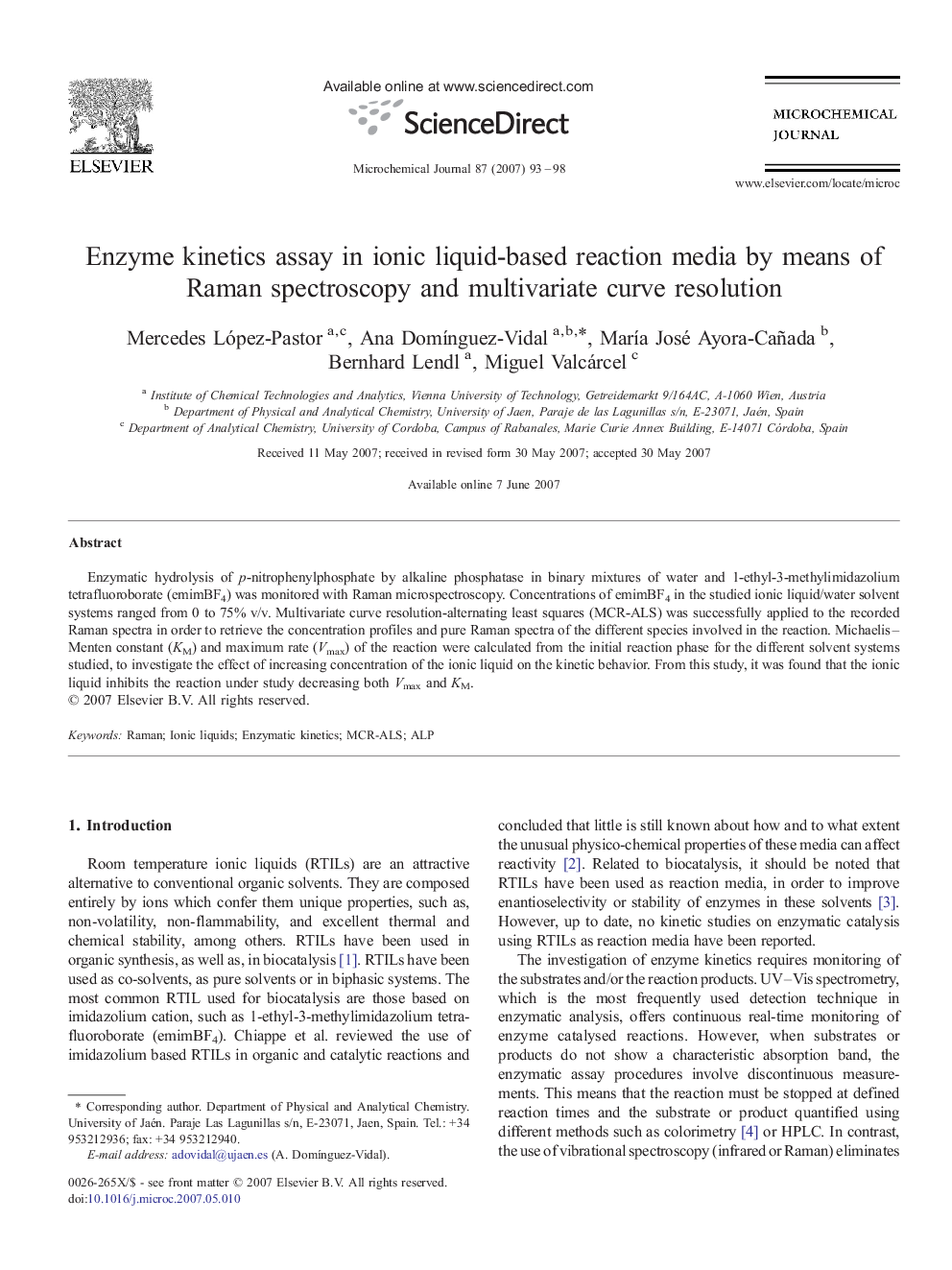 Enzyme kinetics assay in ionic liquid-based reaction media by means of Raman spectroscopy and multivariate curve resolution