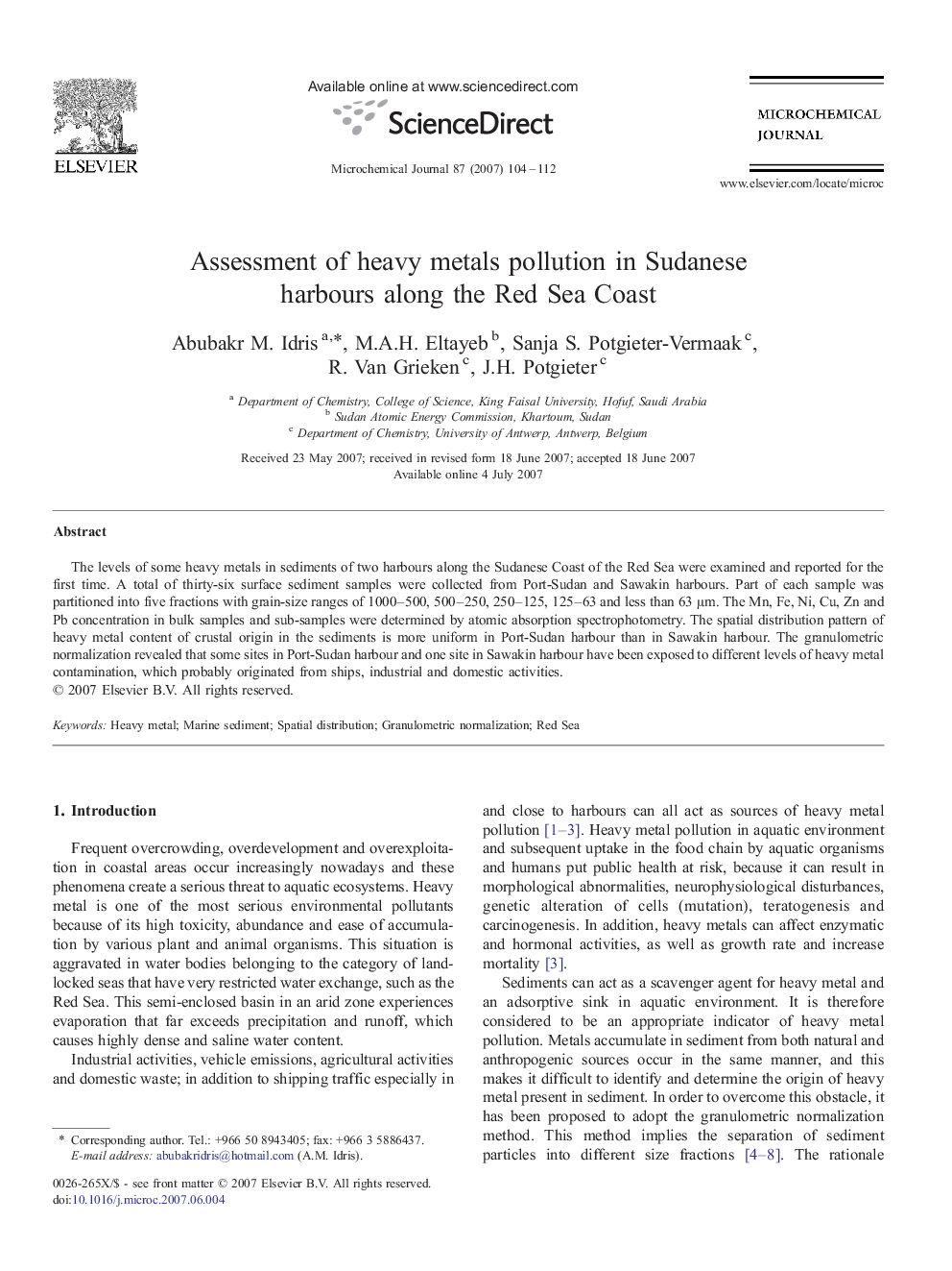 Assessment of heavy metals pollution in Sudanese harbours along the Red Sea Coast