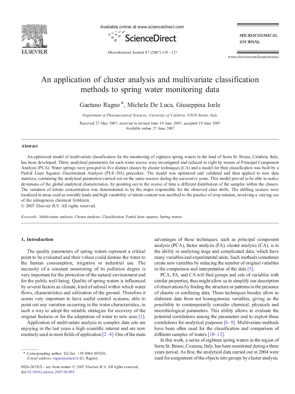 An application of cluster analysis and multivariate classification methods to spring water monitoring data