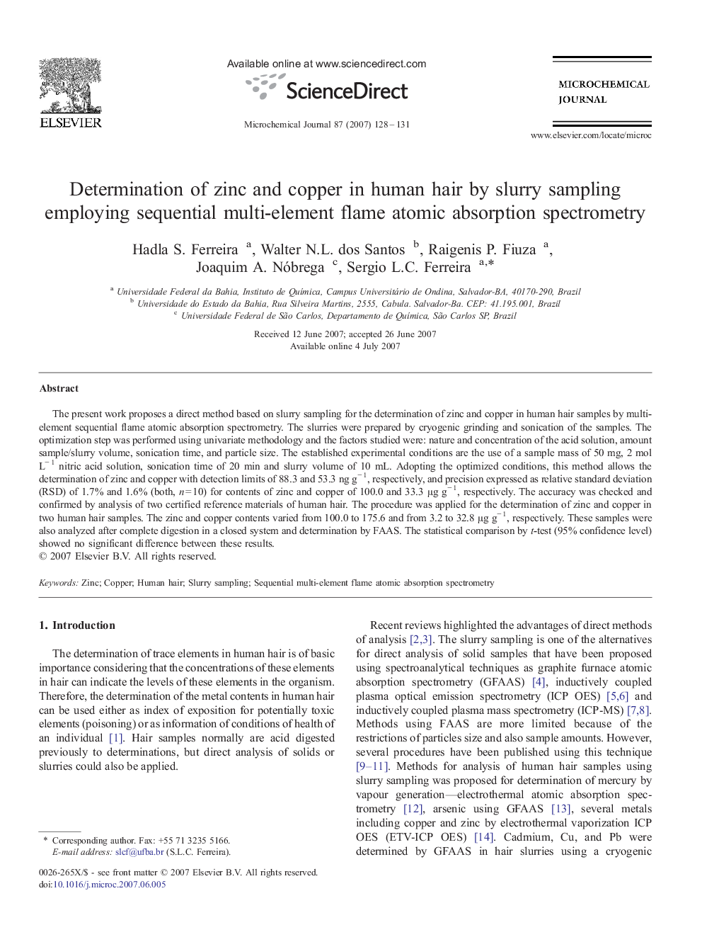 Determination of zinc and copper in human hair by slurry sampling employing sequential multi-element flame atomic absorption spectrometry