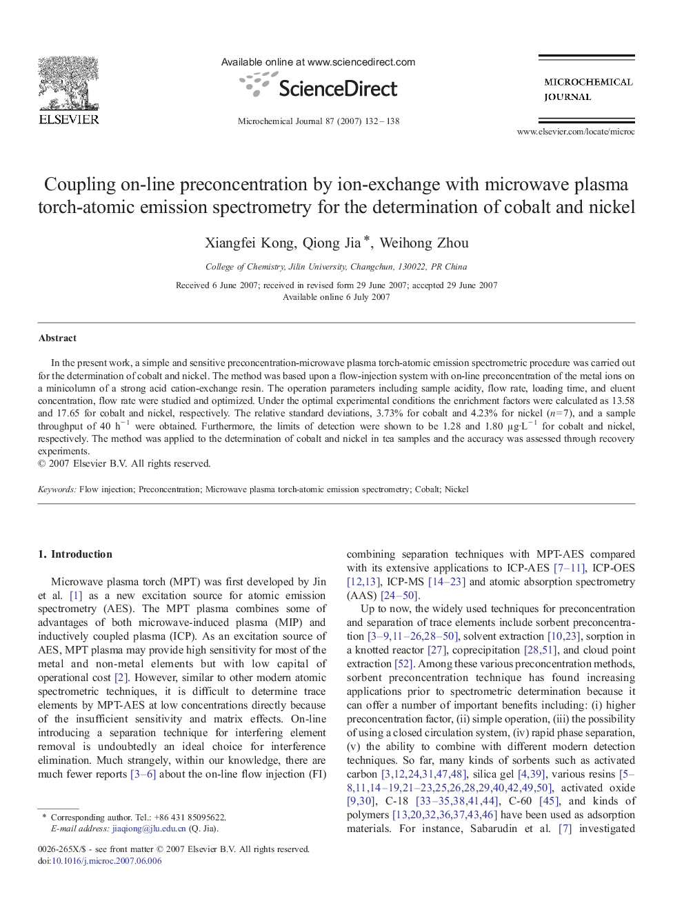 Coupling on-line preconcentration by ion-exchange with microwave plasma torch-atomic emission spectrometry for the determination of cobalt and nickel