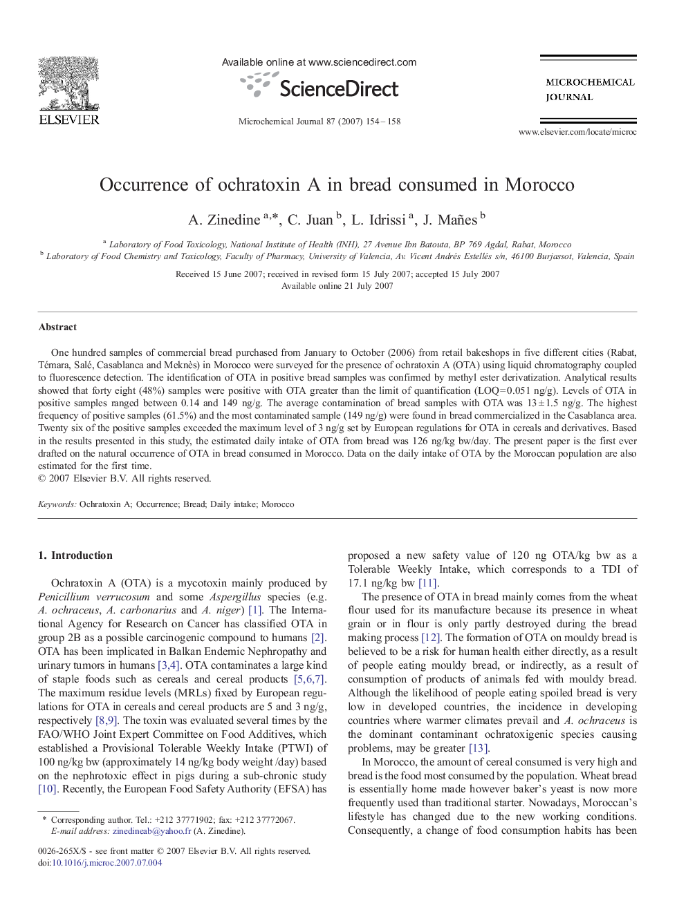 Occurrence of ochratoxin A in bread consumed in Morocco