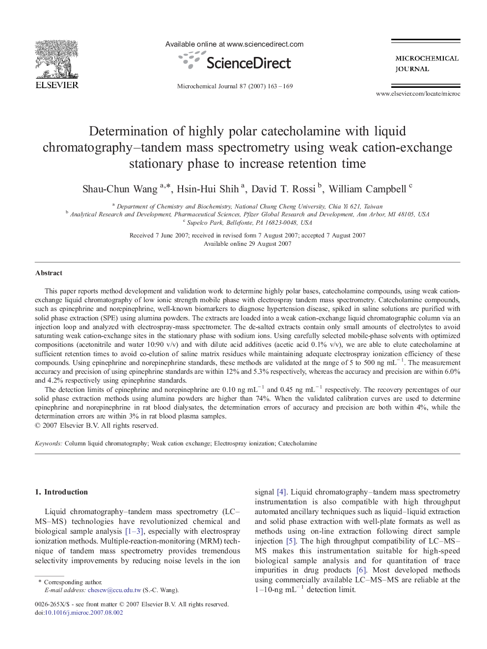 Determination of highly polar catecholamine with liquid chromatography–tandem mass spectrometry using weak cation-exchange stationary phase to increase retention time