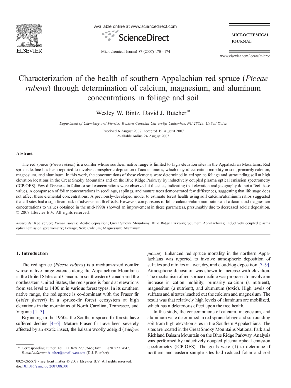 Characterization of the health of southern Appalachian red spruce (Piceae rubens) through determination of calcium, magnesium, and aluminum concentrations in foliage and soil