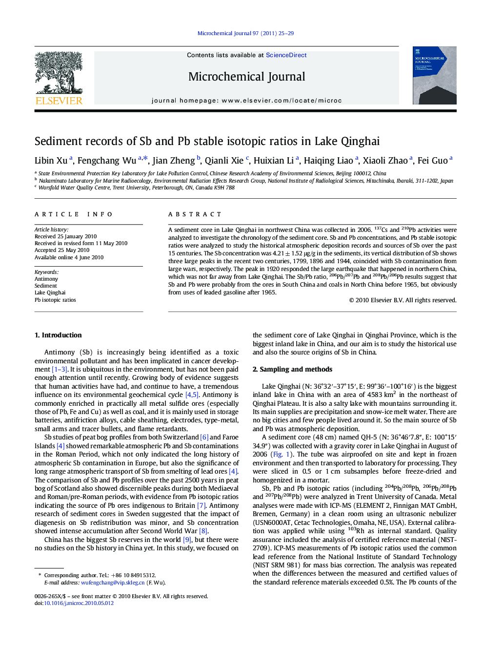 Sediment records of Sb and Pb stable isotopic ratios in Lake Qinghai