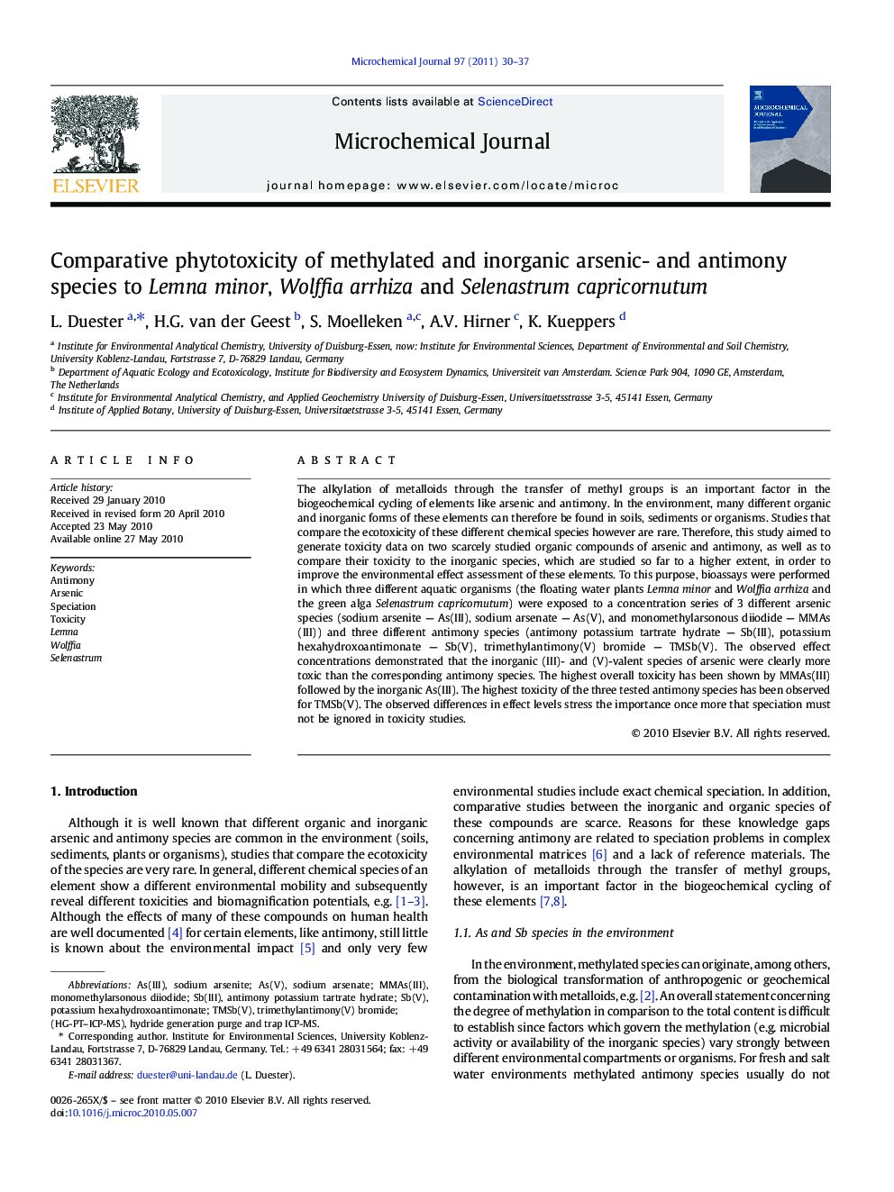 Comparative phytotoxicity of methylated and inorganic arsenic- and antimony species to Lemna minor, Wolffia arrhiza and Selenastrum capricornutum