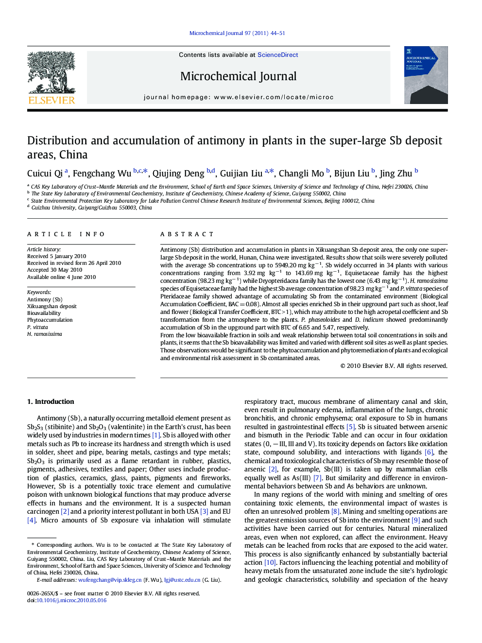 Distribution and accumulation of antimony in plants in the super-large Sb deposit areas, China