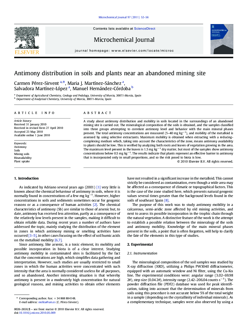 Antimony distribution in soils and plants near an abandoned mining site