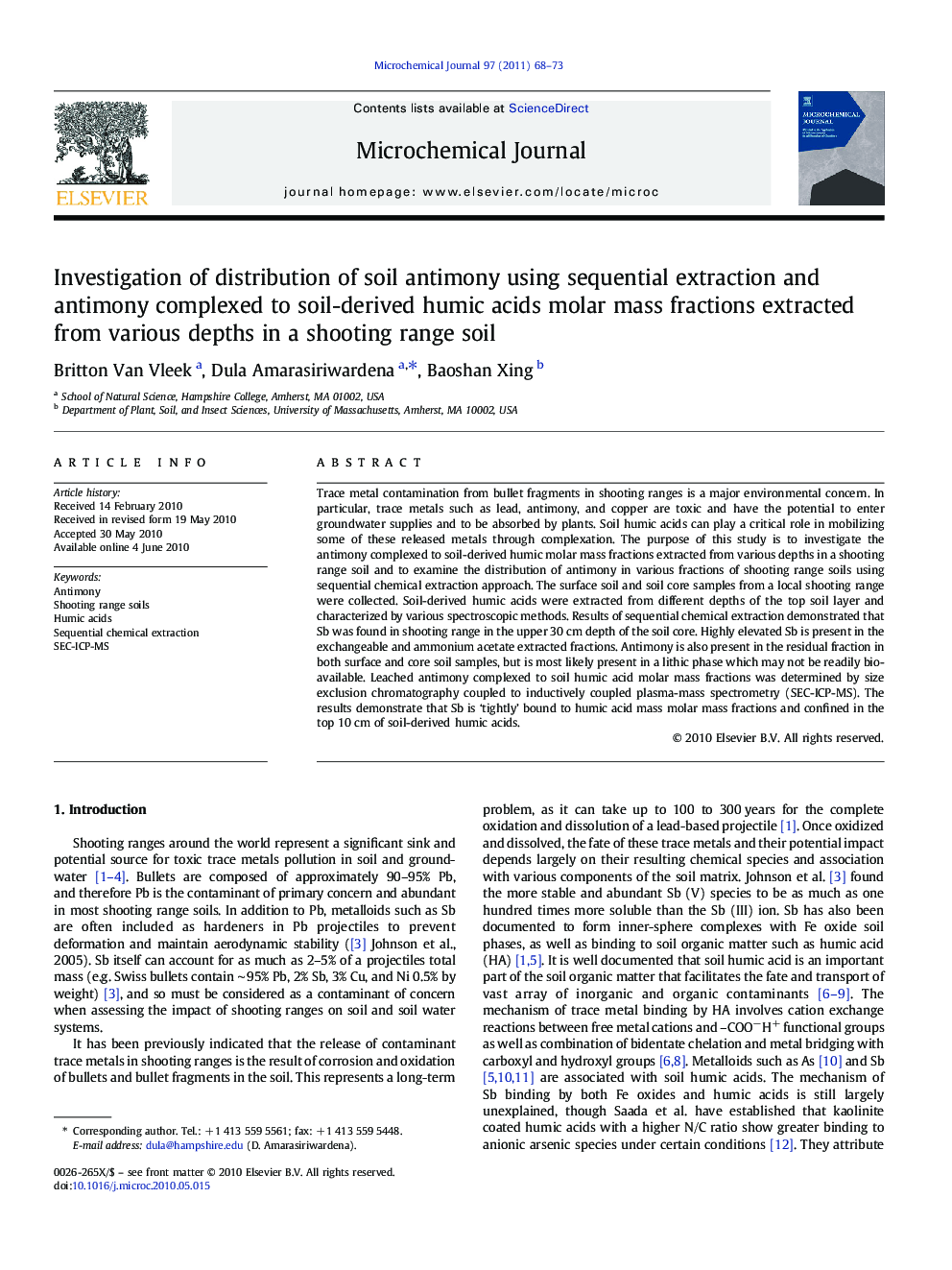 Investigation of distribution of soil antimony using sequential extraction and antimony complexed to soil-derived humic acids molar mass fractions extracted from various depths in a shooting range soil