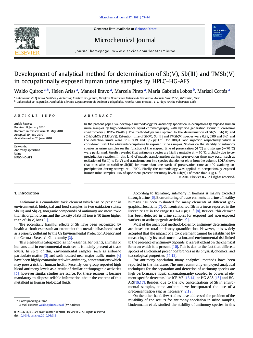 Development of analytical method for determination of Sb(V), Sb(III) and TMSb(V) in occupationally exposed human urine samples by HPLC–HG-AFS