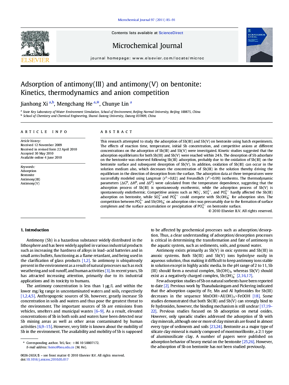 Adsorption of antimony(III) and antimony(V) on bentonite: Kinetics, thermodynamics and anion competition