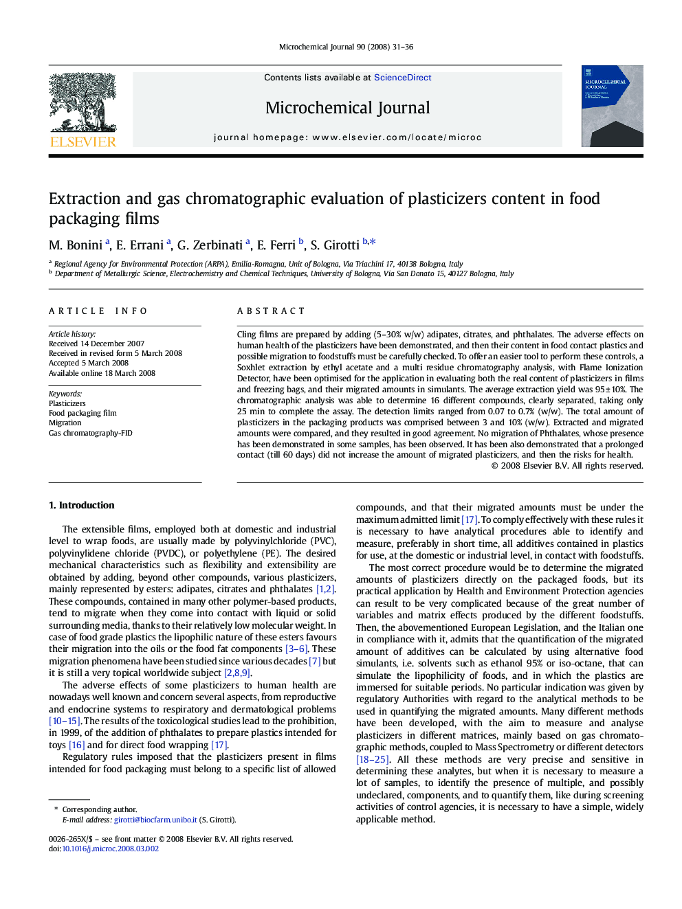 Extraction and gas chromatographic evaluation of plasticizers content in food packaging films