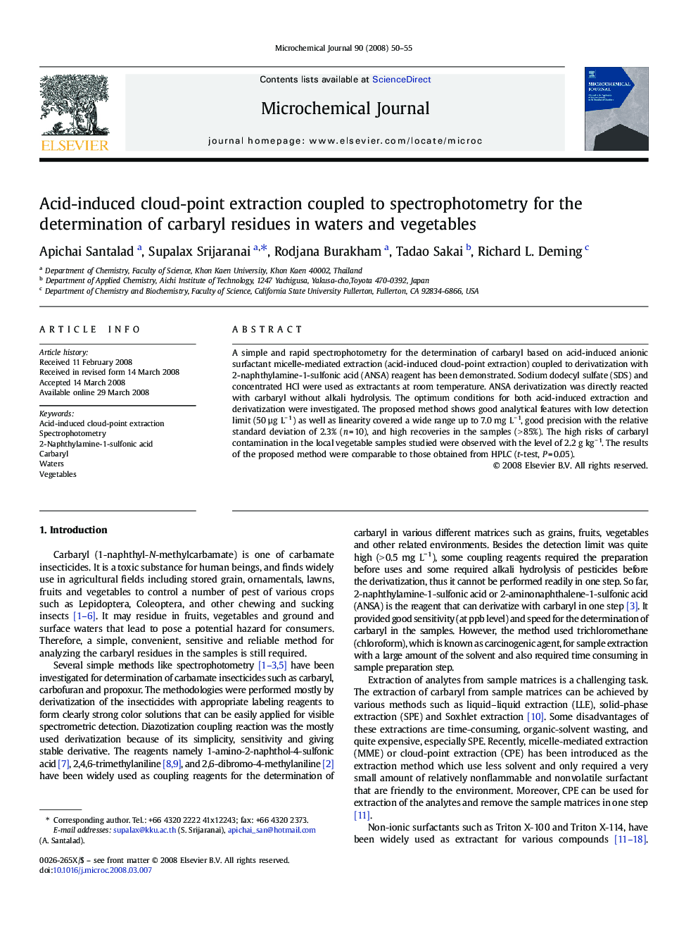 Acid-induced cloud-point extraction coupled to spectrophotometry for the determination of carbaryl residues in waters and vegetables