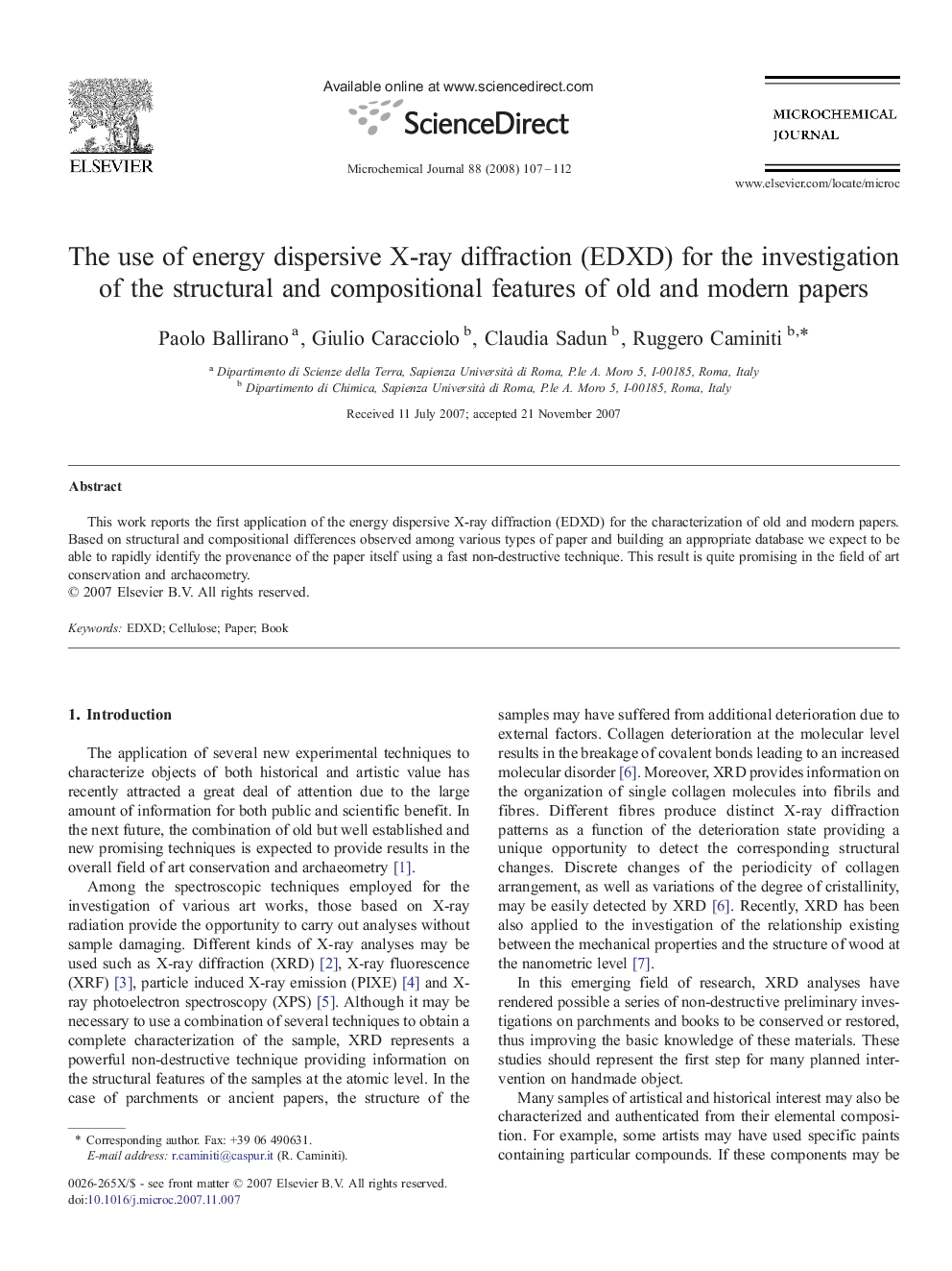 The use of energy dispersive X-ray diffraction (EDXD) for the investigation of the structural and compositional features of old and modern papers