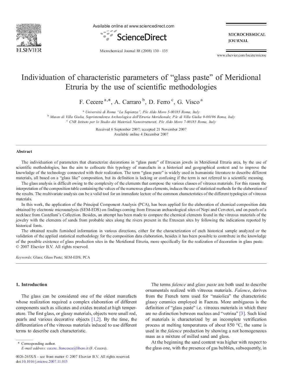 Individuation of characteristic parameters of “glass paste” of Meridional Etruria by the use of scientific methodologies