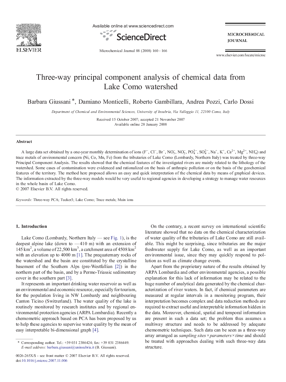 Three-way principal component analysis of chemical data from Lake Como watershed