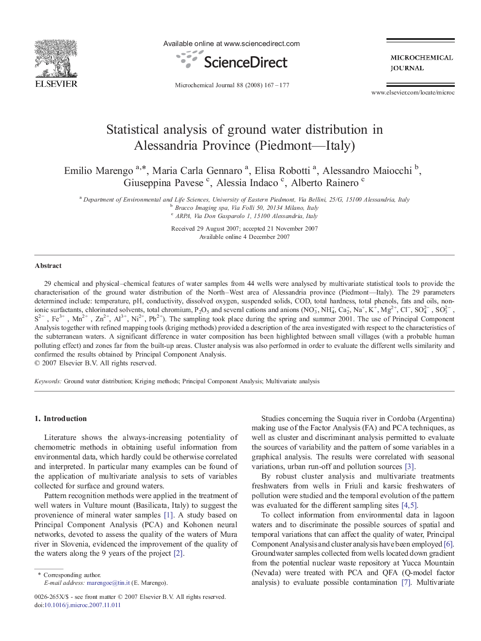 Statistical analysis of ground water distribution in Alessandria Province (Piedmont—Italy)