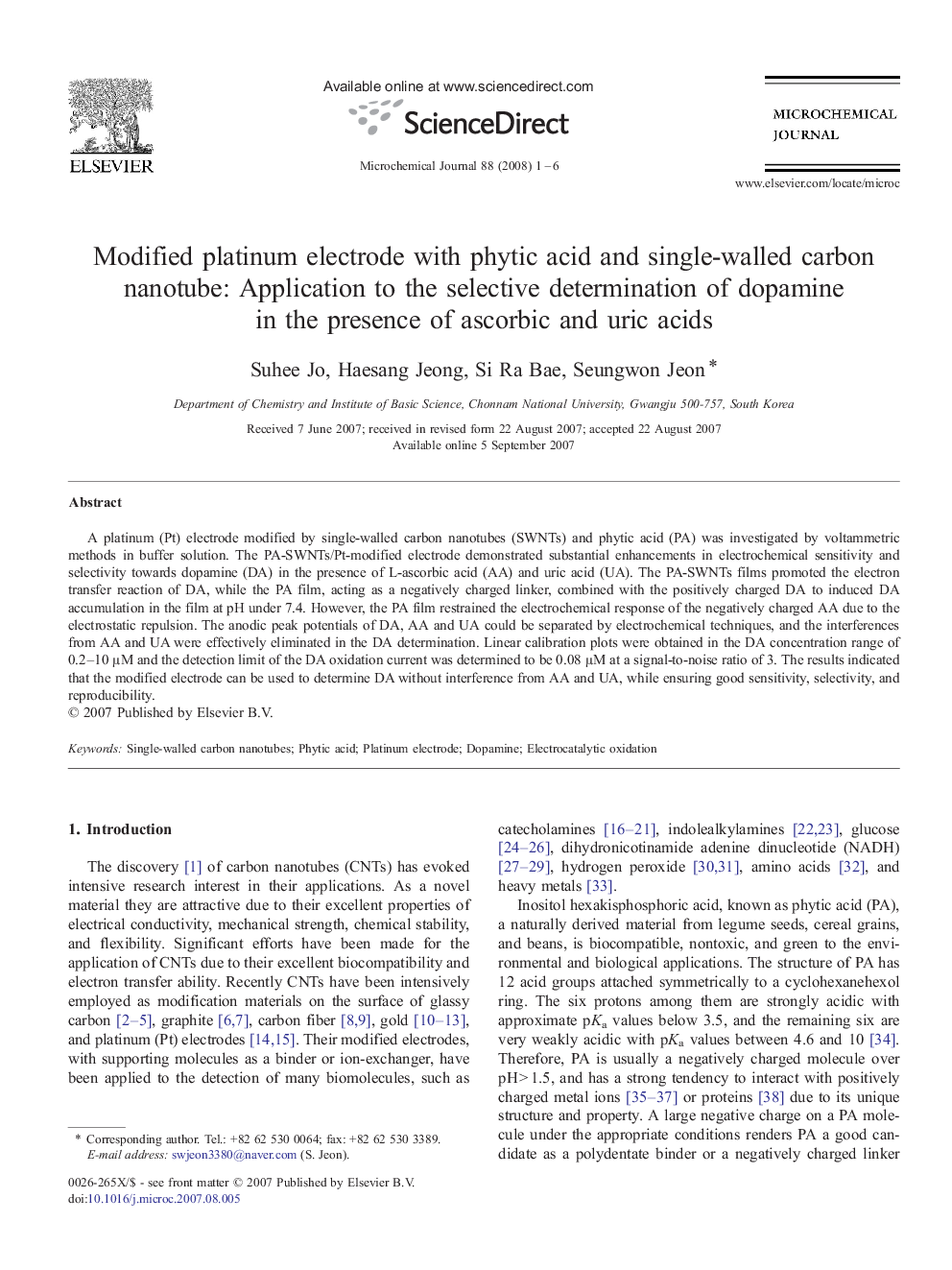 Modified platinum electrode with phytic acid and single-walled carbon nanotube: Application to the selective determination of dopamine in the presence of ascorbic and uric acids