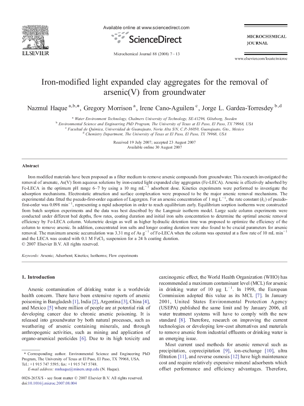 Iron-modified light expanded clay aggregates for the removal of arsenic(V) from groundwater