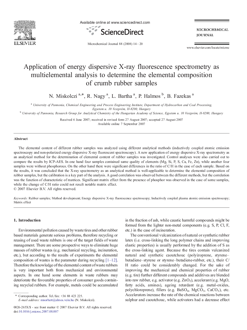 Application of energy dispersive X-ray fluorescence spectrometry as multielemental analysis to determine the elemental composition of crumb rubber samples