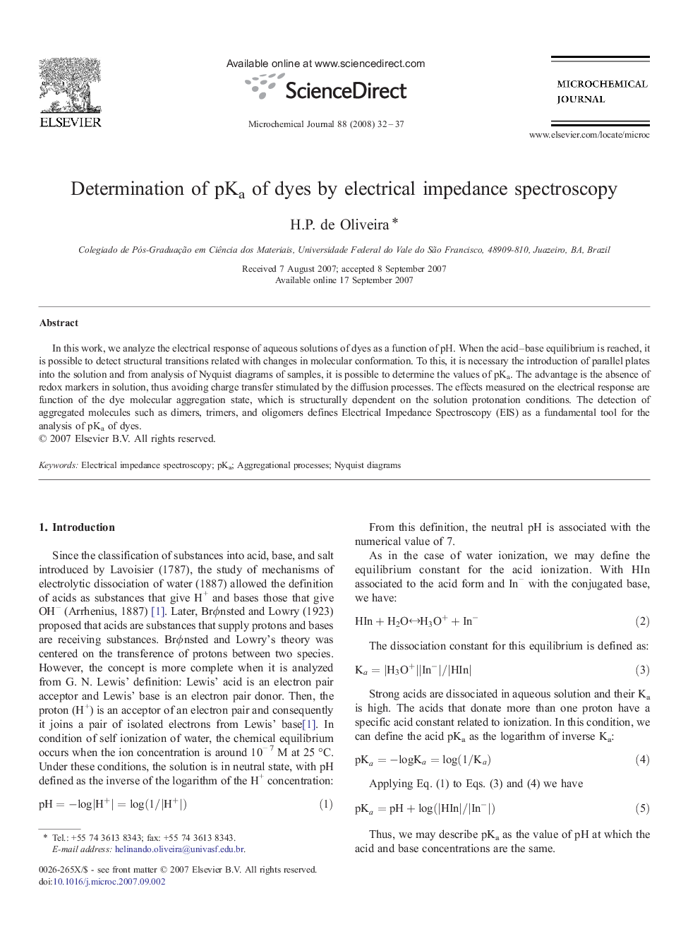 Determination of pKa of dyes by electrical impedance spectroscopy