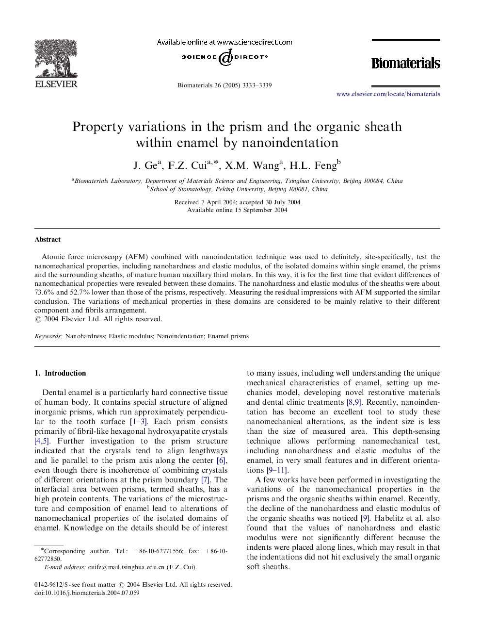 Property variations in the prism and the organic sheath within enamel by nanoindentation