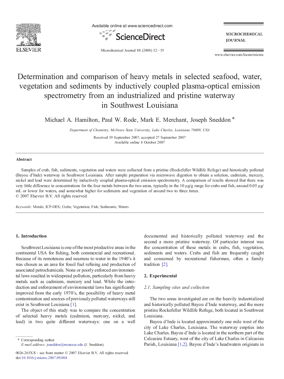 Determination and comparison of heavy metals in selected seafood, water, vegetation and sediments by inductively coupled plasma-optical emission spectrometry from an industrialized and pristine waterway in Southwest Louisiana