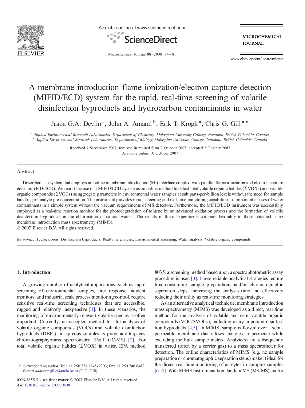 A membrane introduction flame ionization/electron capture detection (MIFID/ECD) system for the rapid, real-time screening of volatile disinfection byproducts and hydrocarbon contaminants in water