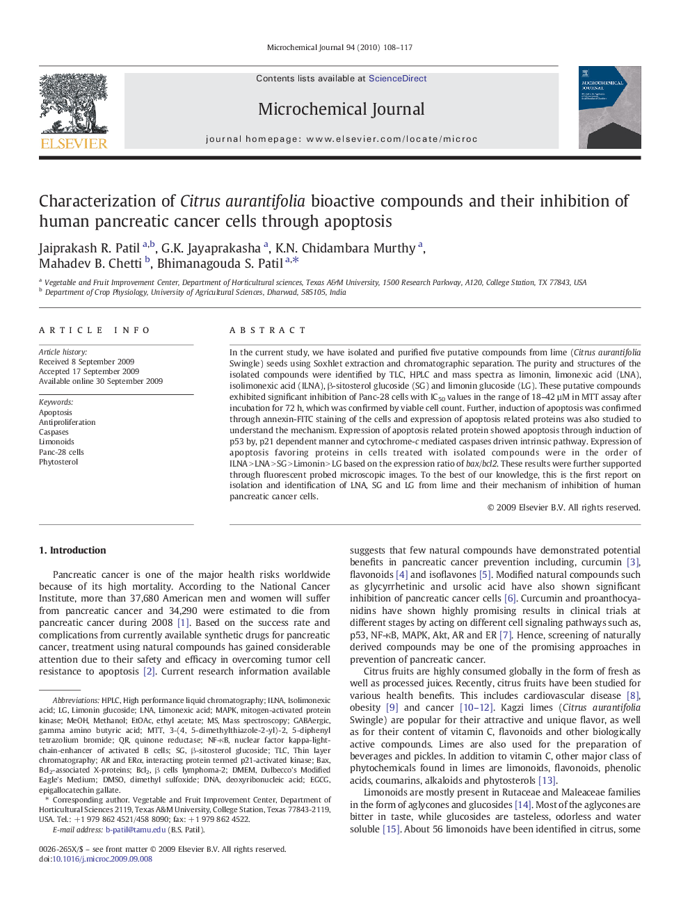 Characterization of Citrus aurantifolia bioactive compounds and their inhibition of human pancreatic cancer cells through apoptosis