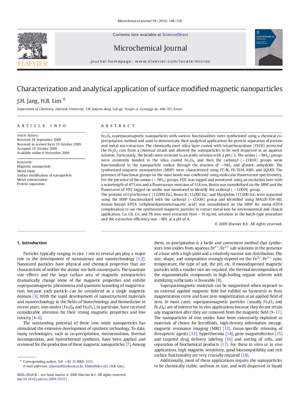 Characterization and analytical application of surface modified magnetic nanoparticles