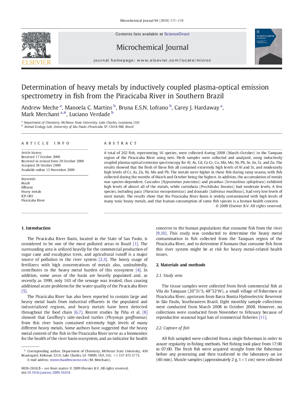 Determination of heavy metals by inductively coupled plasma-optical emission spectrometry in fish from the Piracicaba River in Southern Brazil