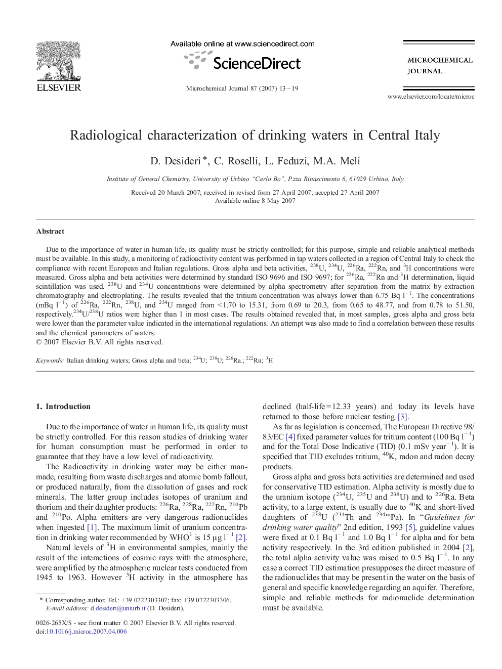 Radiological characterization of drinking waters in Central Italy