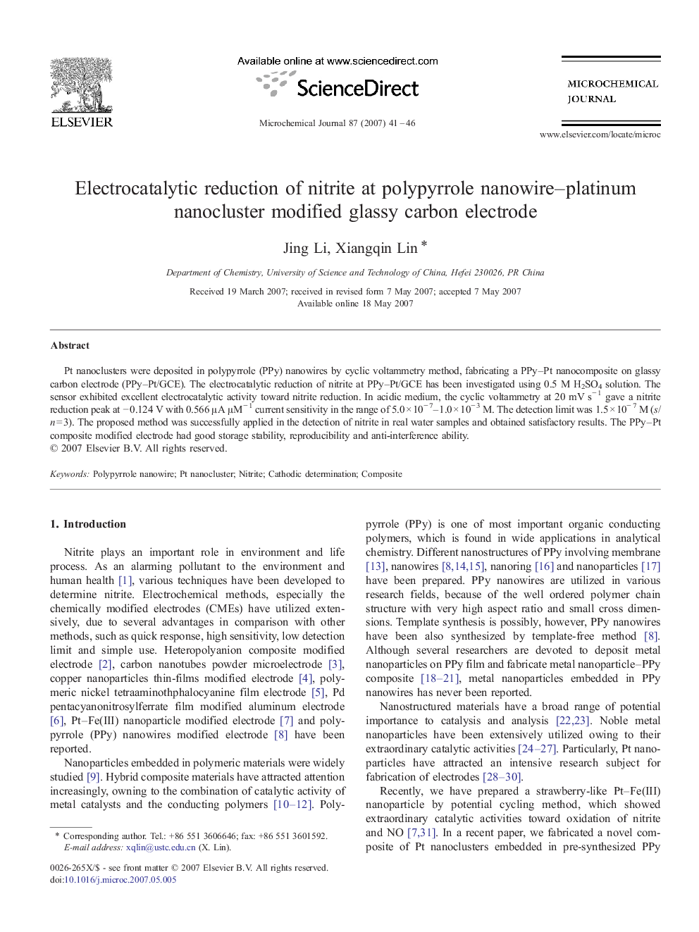 Electrocatalytic reduction of nitrite at polypyrrole nanowire–platinum nanocluster modified glassy carbon electrode