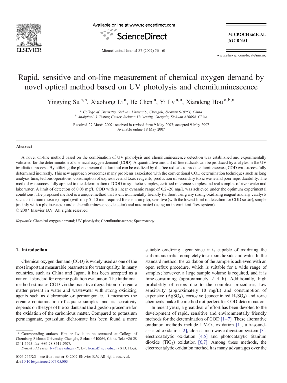 Rapid, sensitive and on-line measurement of chemical oxygen demand by novel optical method based on UV photolysis and chemiluminescence