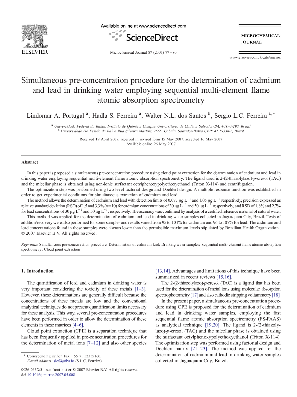 Simultaneous pre-concentration procedure for the determination of cadmium and lead in drinking water employing sequential multi-element flame atomic absorption spectrometry