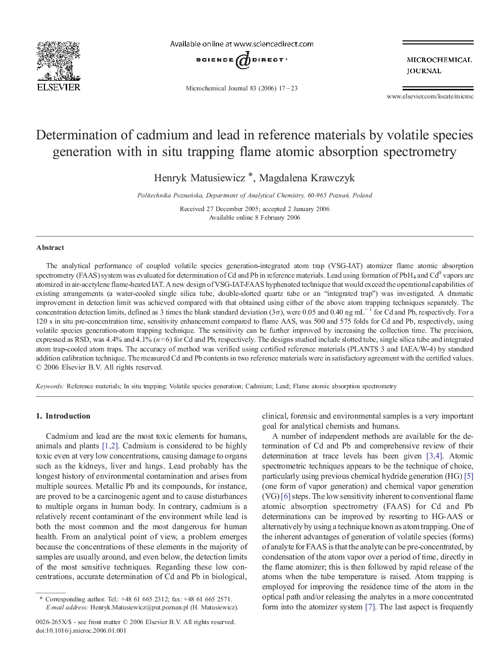 Determination of cadmium and lead in reference materials by volatile species generation with in situ trapping flame atomic absorption spectrometry