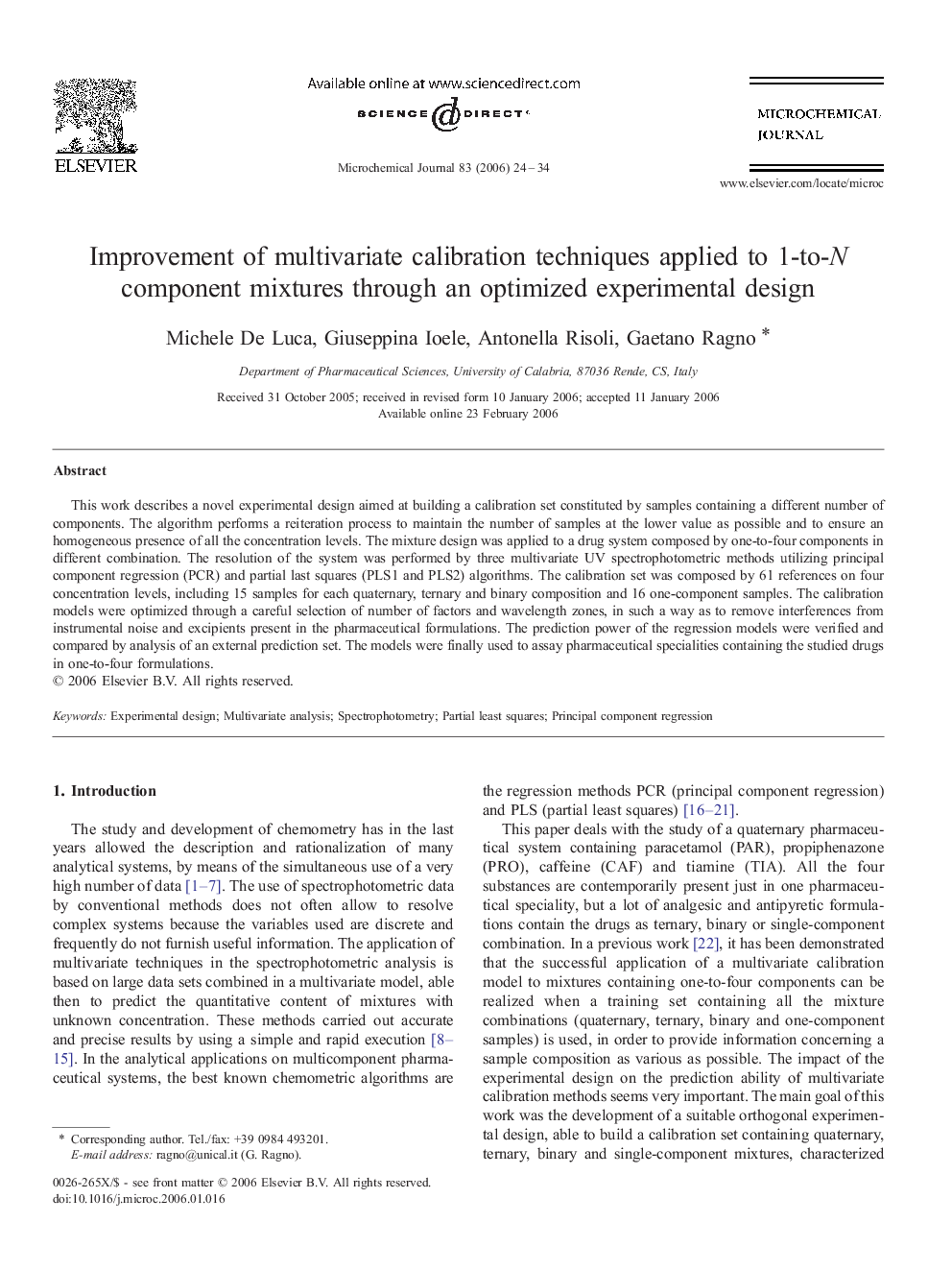 Improvement of multivariate calibration techniques applied to 1-to-N component mixtures through an optimized experimental design