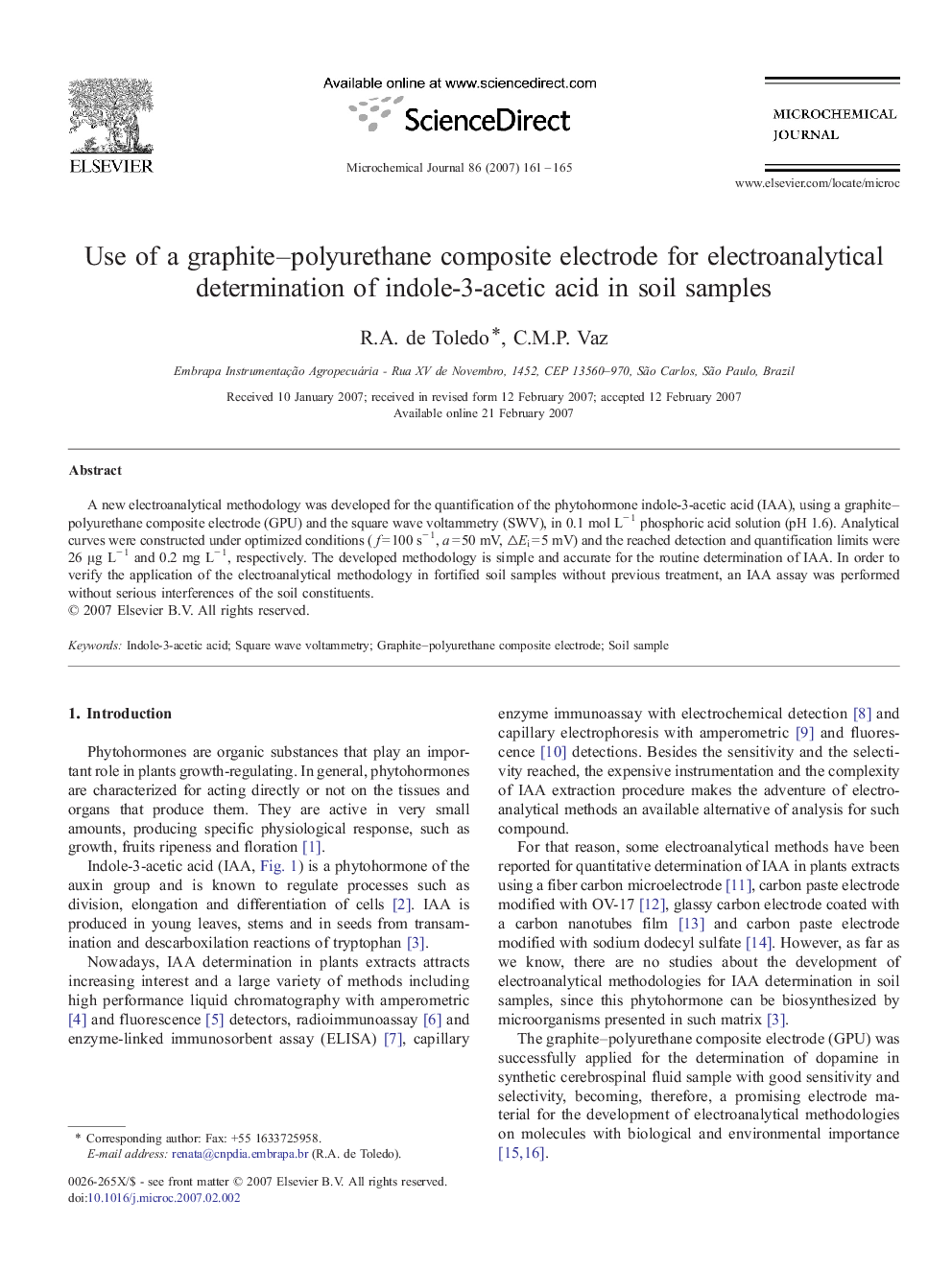 Use of a graphite–polyurethane composite electrode for electroanalytical determination of indole-3-acetic acid in soil samples