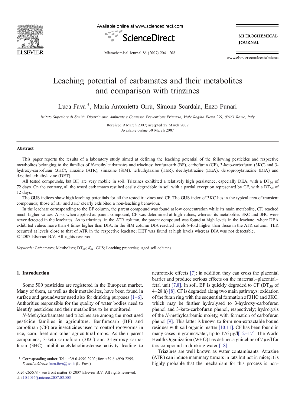 Leaching potential of carbamates and their metabolites and comparison with triazines