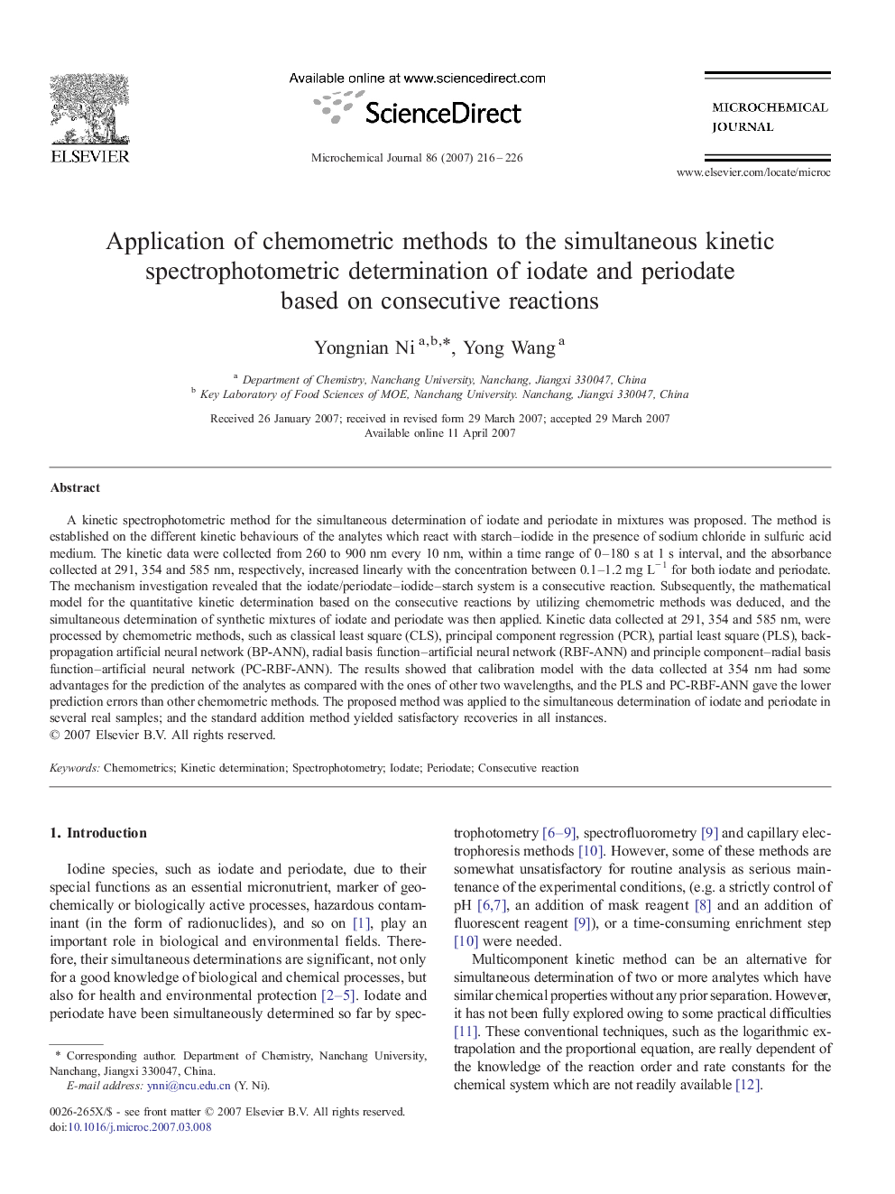 Application of chemometric methods to the simultaneous kinetic spectrophotometric determination of iodate and periodate based on consecutive reactions