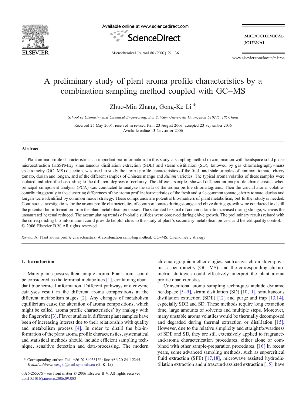 A preliminary study of plant aroma profile characteristics by a combination sampling method coupled with GC–MS