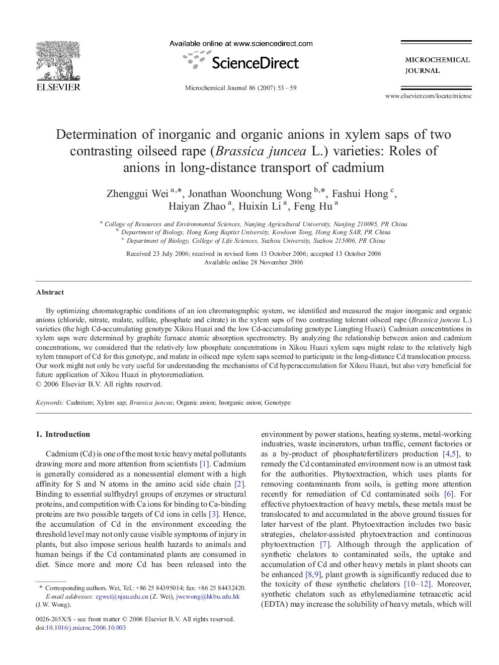 Determination of inorganic and organic anions in xylem saps of two contrasting oilseed rape (Brassica juncea L.) varieties: Roles of anions in long-distance transport of cadmium