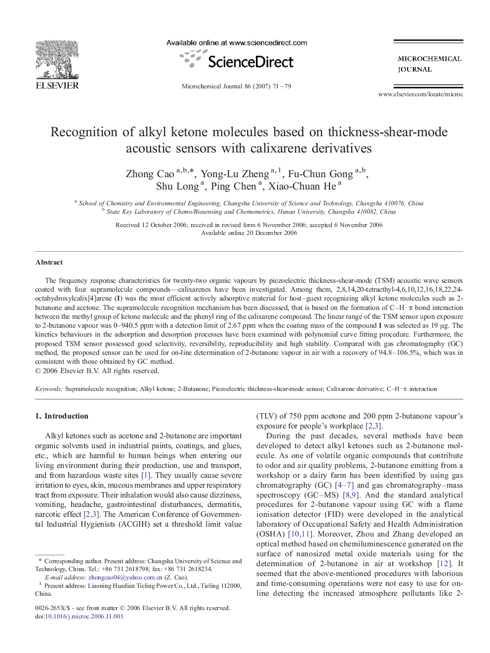 Recognition of alkyl ketone molecules based on thickness-shear-mode acoustic sensors with calixarene derivatives