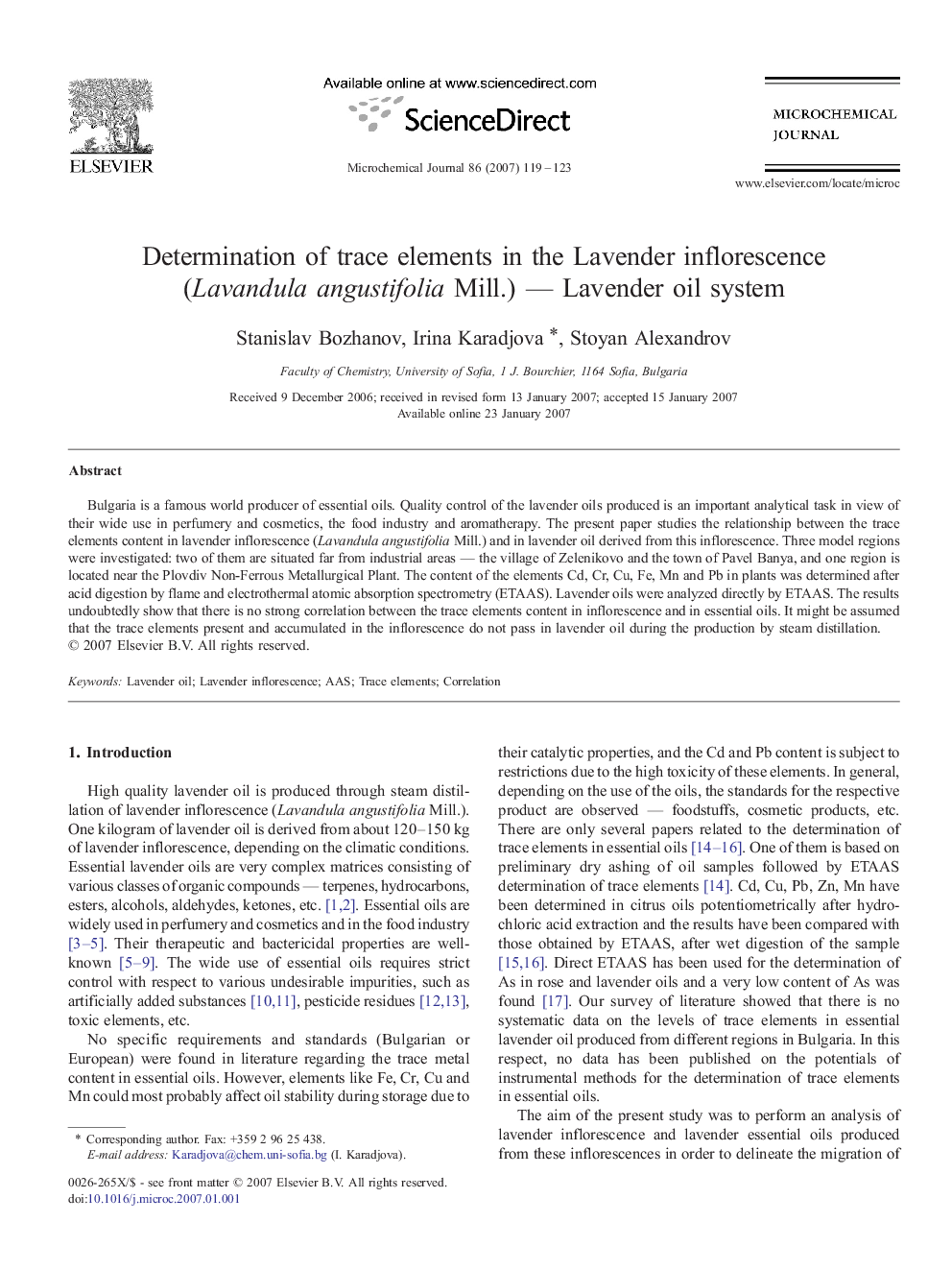 Determination of trace elements in the Lavender inflorescence (Lavandula angustifolia Mill.) — Lavender oil system