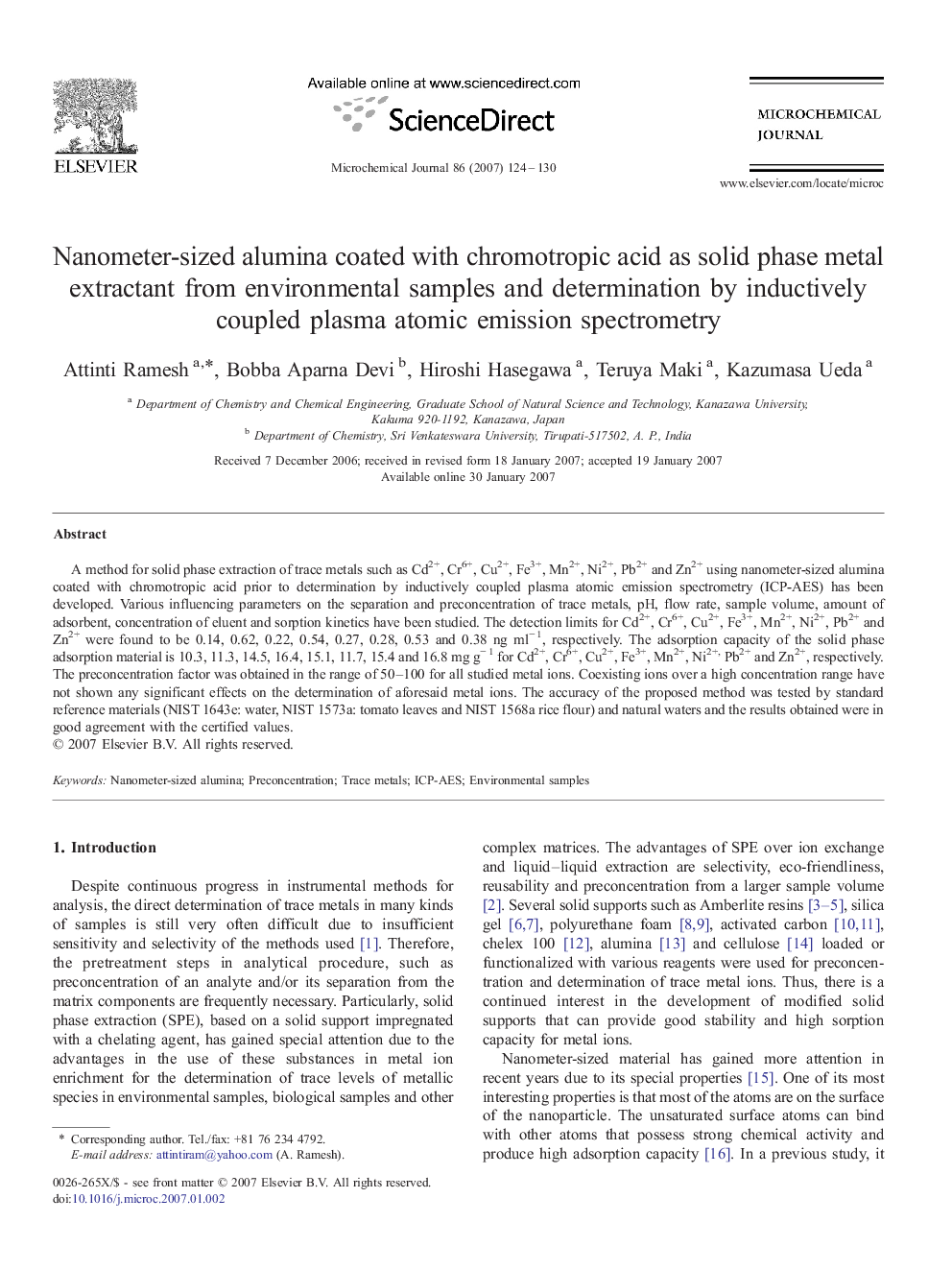 Nanometer-sized alumina coated with chromotropic acid as solid phase metal extractant from environmental samples and determination by inductively coupled plasma atomic emission spectrometry