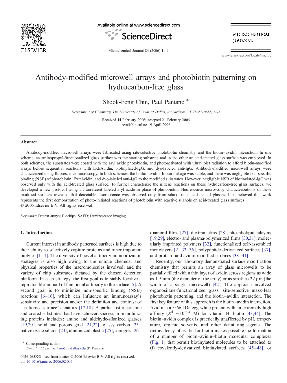 Antibody-modified microwell arrays and photobiotin patterning on hydrocarbon-free glass