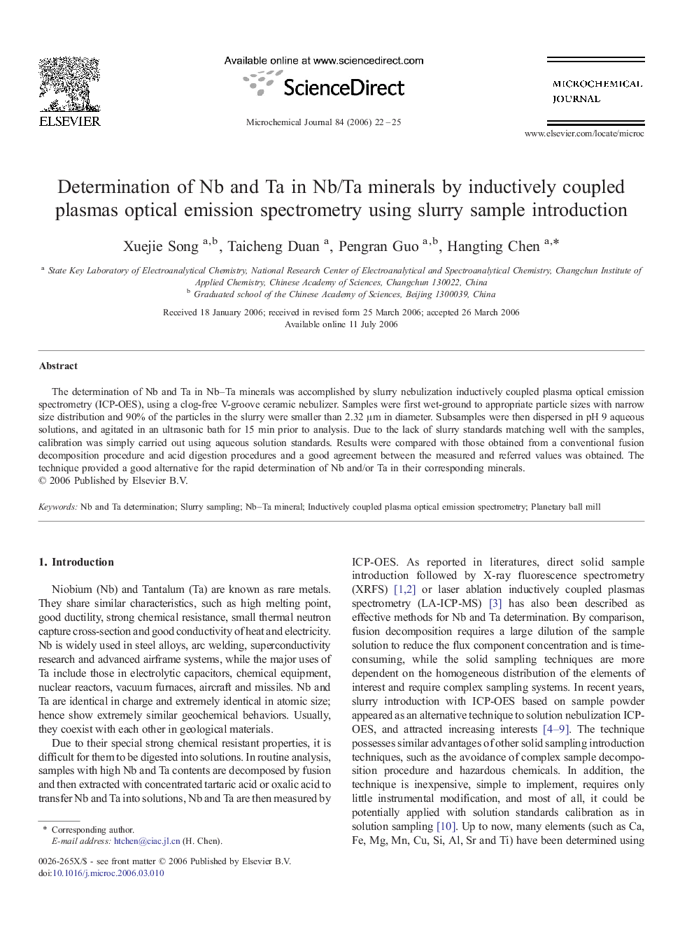 Determination of Nb and Ta in Nb/Ta minerals by inductively coupled plasmas optical emission spectrometry using slurry sample introduction