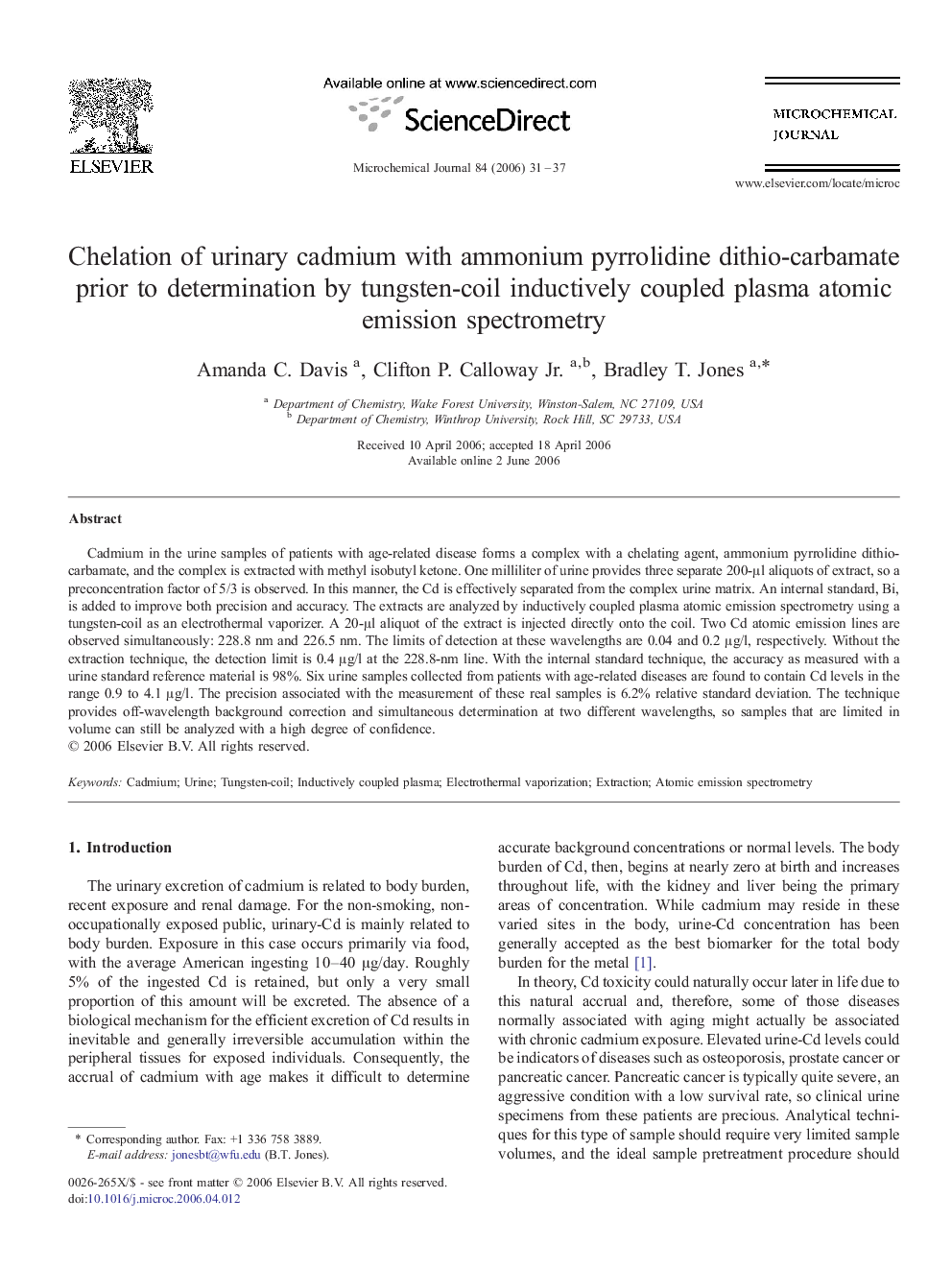 Chelation of urinary cadmium with ammonium pyrrolidine dithio-carbamate prior to determination by tungsten-coil inductively coupled plasma atomic emission spectrometry