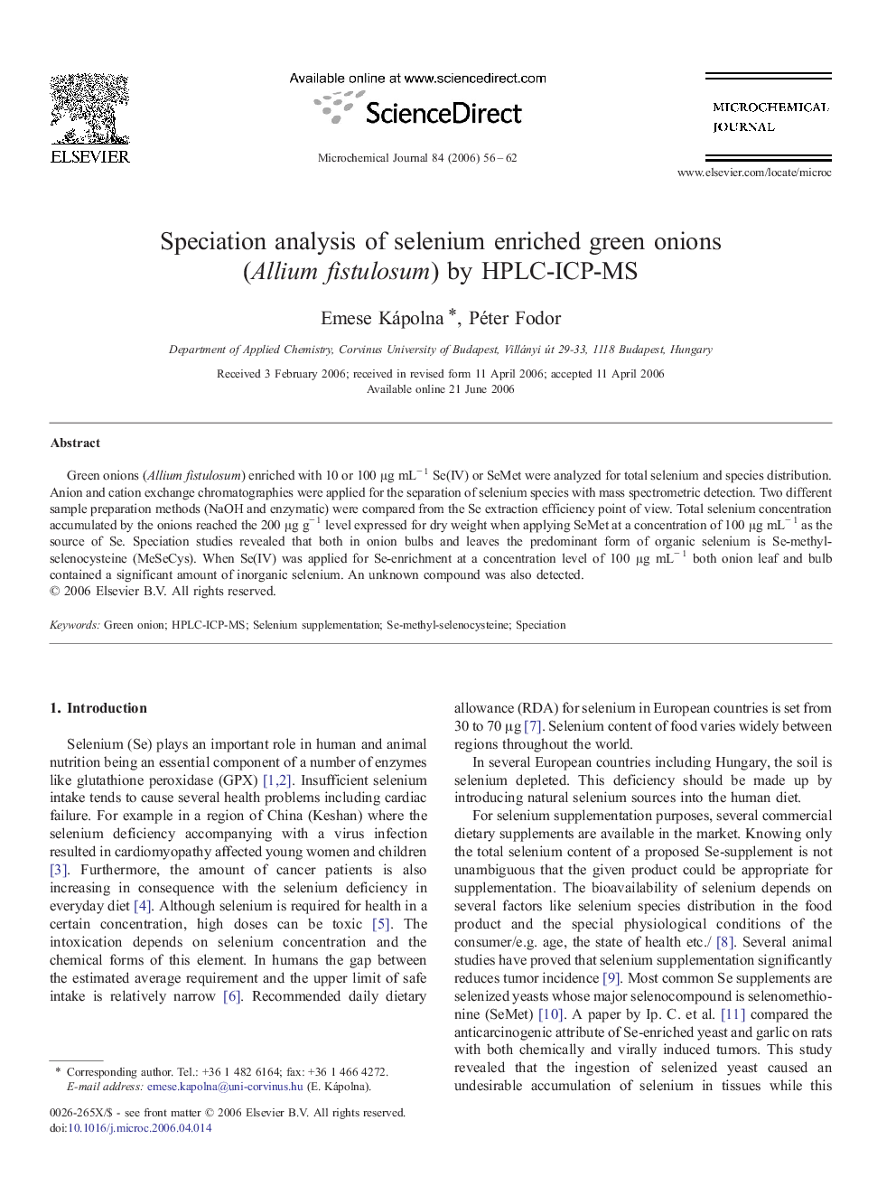 Speciation analysis of selenium enriched green onions (Allium fistulosum) by HPLC-ICP-MS