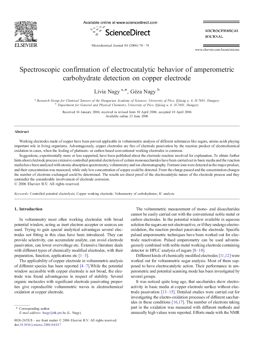 Spectroscopic confirmation of electrocatalytic behavior of amperometric carbohydrate detection on copper electrode